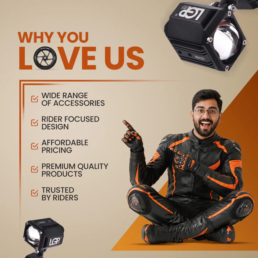 Person in motorcycle gear with accessories and text on a beige background