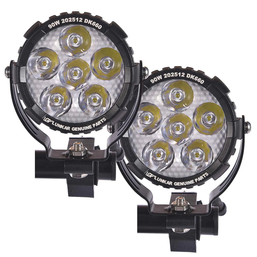 Two circular LED work lights with visible branding on a white background
