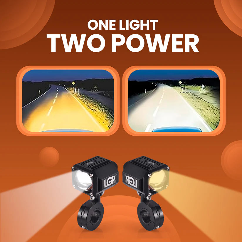 Two lights on an orange background with 'One Light Two Power' text.