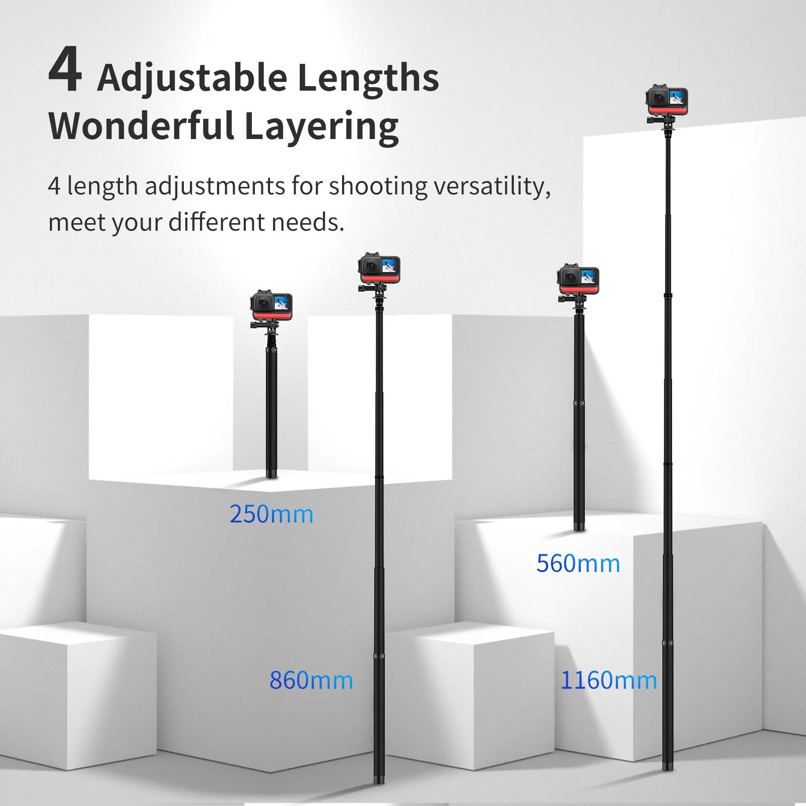 TELESIN 1.16 M Carbon Fiber Selfie Stick Monopod Extendable at 4 Lengths Telescoping Monopod for Go Pro DJI Insta360 Ace