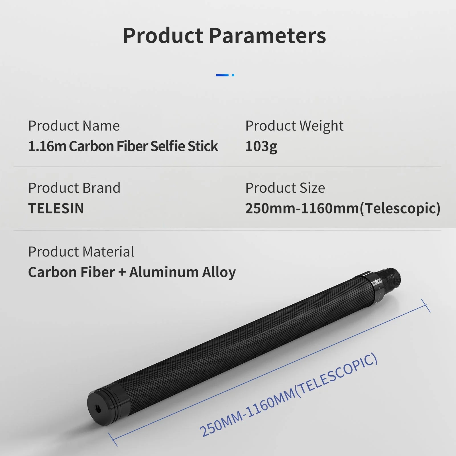 TELESIN 1.16 M Carbon Fiber Selfie Stick Monopod Extendable at 4 Lengths Telescoping Monopod for Go Pro DJI Insta360 Ace