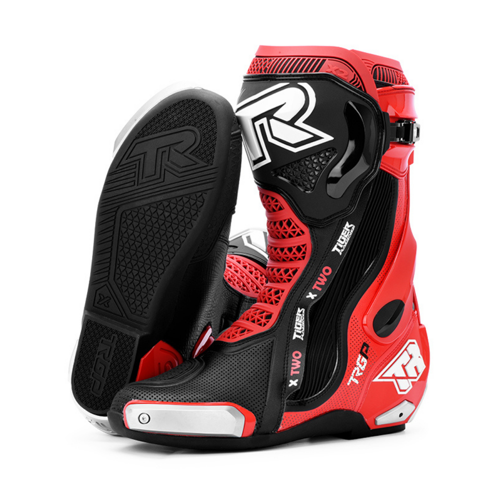 TR TIGER X TWO red motorcycle racing boots with protective sole and ankle mechanism